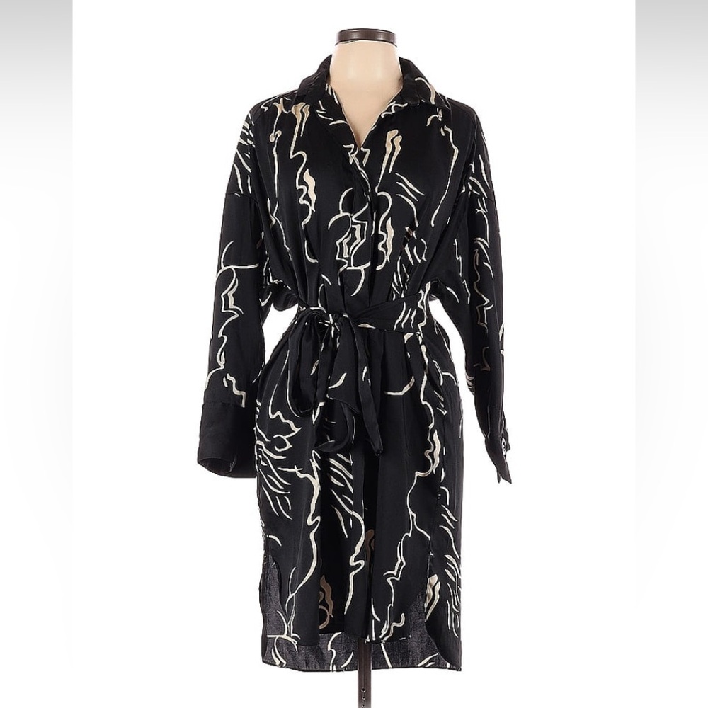 Zara Black & White Belted Shirt Dress - Size Large